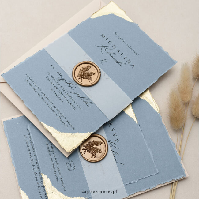 Zaproszenie na ślub zaproszenie ślubne ze złoceniem błękitne