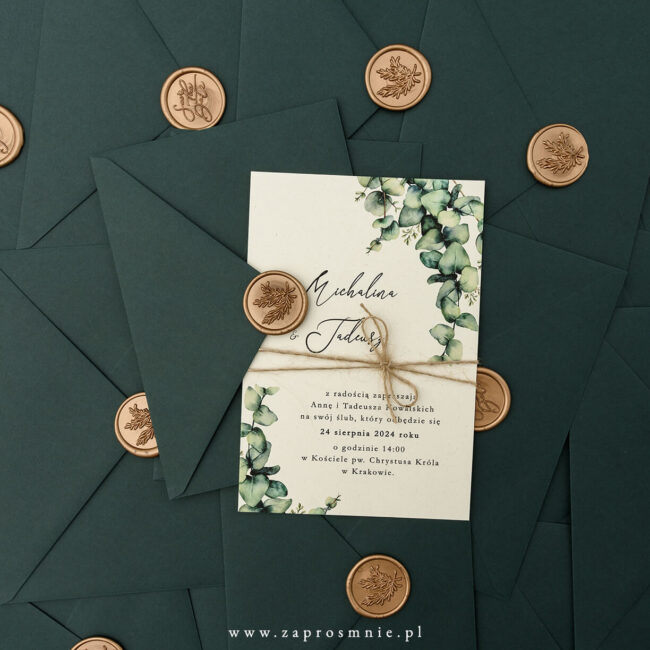 zaproszenie ślubne rustykalne z lakiem eukaliptus