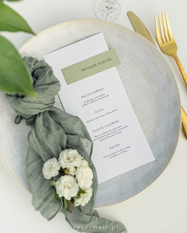 Menu z winietką, menu na talerz, menu na ślub, na wesele, menu minimalistyczne, menu z winietką, menu z winietką oliwkową