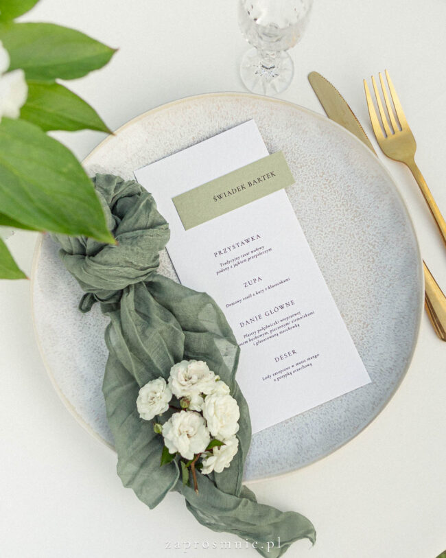 Menu z winietką, menu na talerz, menu na ślub, na wesele, menu minimalistyczne, menu z winietką, menu z winietką oliwkową