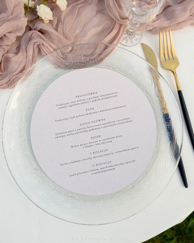 Menu okrągłe z winietką i lakiem, menu okrągłe, menu na talerz okrągłe, menu na ślub, na wesele, menu minimalistyczne